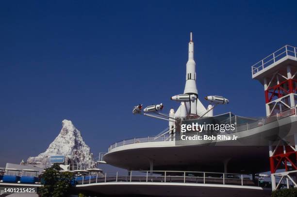 June 01: Views of Disneyland Rocket Jets, People Mover and Matterhorn Mountain at Disneyland, June 1, 1981 in Anaheim, California.