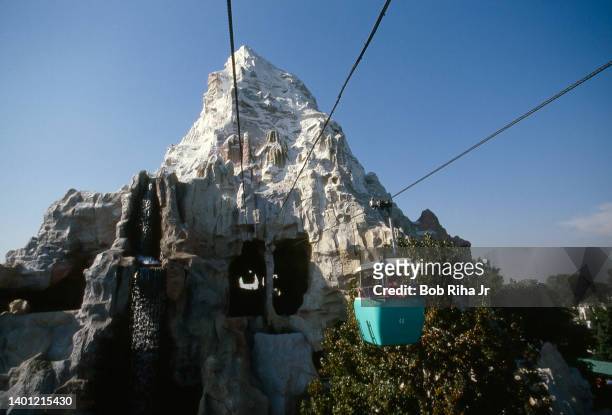 June 01: Aerial view from Disneyland Skyway gondola, which transports riders between Fantasyland and Tomorrowland, as it approaches the Matterhorn...