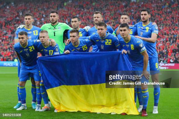 The Ukrainian national football team pose for a photo during the FIFA World Cup Qualifying Playoff match between Wales and Ukraine at Cardiff City...