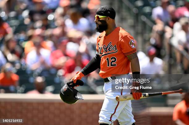 Rougned Odor of the Baltimore Orioles walks to the dugout after striking out in the third inning against the Cleveland Guardians at Oriole Park at...