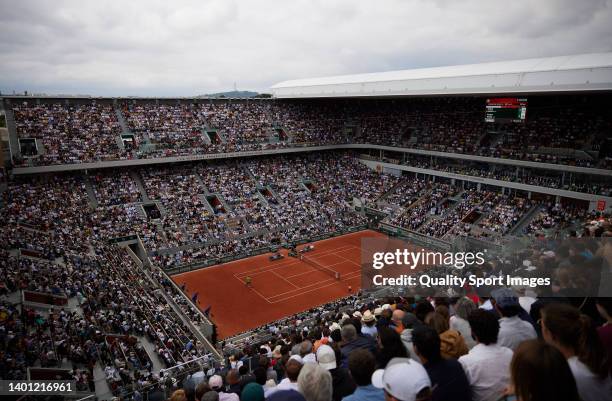 General view as Rafael Nadal of Spain celebrates a point against Casper Ruud of Norway during the Men's Singles Final match on day fifteen of The...