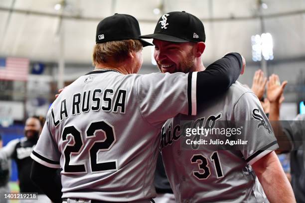 Manager Tony La Russa of the Chicago White Sox embraces Liam Hendriks after defeating the Tampa Bay Rays 6-5 at Tropicana Field on June 05, 2022 in...