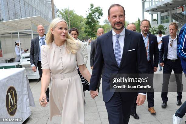 Mette-Marit, Crown Princess of Norway and Haakon, Crown Prince of Norway attend the Men's Singles Final match on Day 15 of The 2022 French Open at...