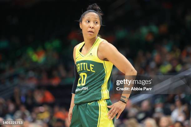 Briann January of the Seattle Storm looks on against the Dallas Wings during the third quarter at Climate Pledge Arena on June 03, 2022 in Seattle,...