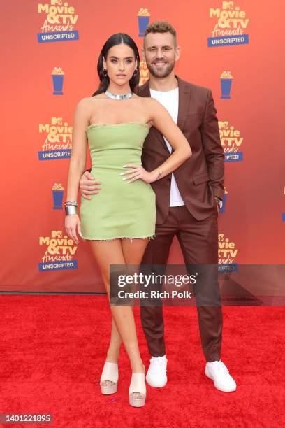 In this image released on June 5, Natalie Joy and Nick Viall attend the 2022 MTV Movie & TV Awards: UNSCRIPTED at Barker Hangar in Santa Monica,...