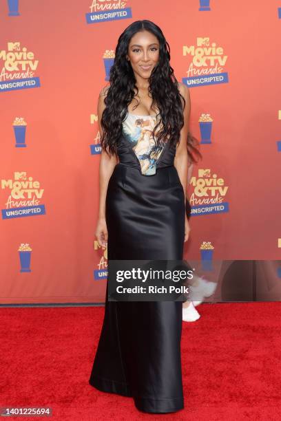 In this image released on June 5, Tayshia Adams attends the 2022 MTV Movie & TV Awards: UNSCRIPTED at Barker Hangar in Santa Monica, California and...