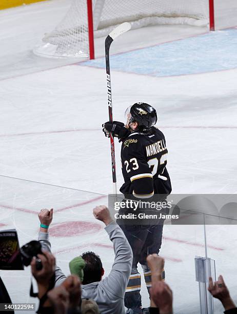 Tom Wandell of the Dallas Stars celebrates a goal against the Minnesota Wild at the American Airlines Center on February 24, 2012 in Dallas, Texas.