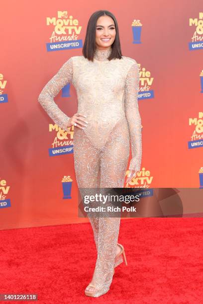 In this image released on June 5, Paige DeSorbo attends the 2022 MTV Movie & TV Awards: UNSCRIPTED at Barker Hangar in Santa Monica, California and...