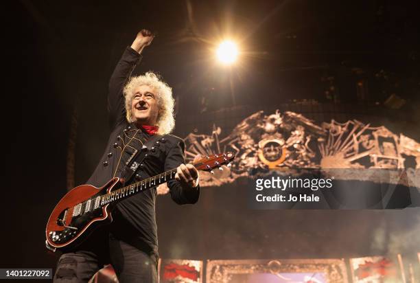 Brian May of Queen performs at The O2 Arena on June 05, 2022 in London, England.