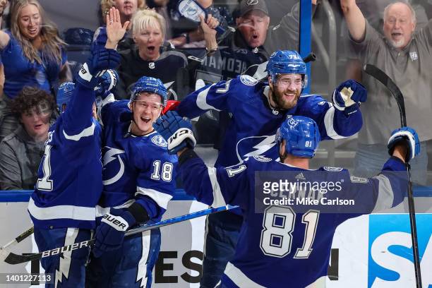Ondrej Palat of the Tampa Bay Lightning celebrates a goal assisted by Victor Hedman and Nikita Kucherov during the third period in Game Three of the...