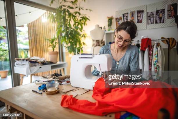 seamstress working on sewing machine - stitch bildbanksfoton och bilder