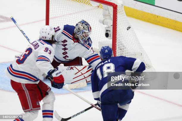 Ondrej Palat of the Tampa Bay Lightning scores a goal assisted by Victor Hedman and Nikita Kucherov in Game Three of the Eastern Conference Final of...