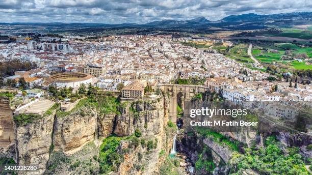 cinematic  view of ronda city and puente nuevo, andalusia spain - ronda fotografías e imágenes de stock