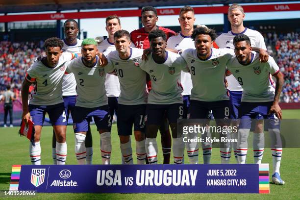 The USMNT starting 11 pose for a photo before taking on Uruguay in a friendly match at Children's Mercy Park on June 05, 2022 in Kansas City, Kansas.