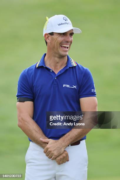 Billy Horschel of the United States smiles during the trophy presentation after he won the Memorial Tournament presented by Workday at Muirfield...