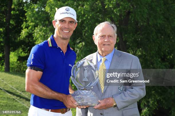 Billy Horschel of the United States poses with Jack Nicklaus and the trophy after winning the Memorial Tournament presented by Workday at Muirfield...