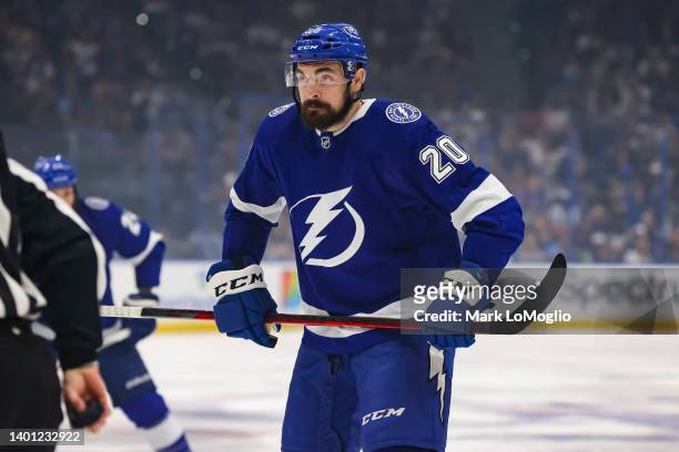 Nicholas Paul of the Tampa Bay Lightning skates against the New York Rangers during the first period in Game Three of the Eastern Conference Final of...