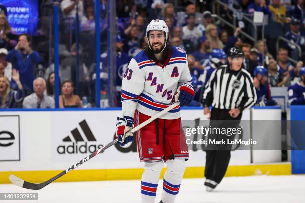 Mika Zibanejad of the New York Rangers against the Tampa Bay Lightning during the second period in Game Three of the Eastern Conference Final of the...