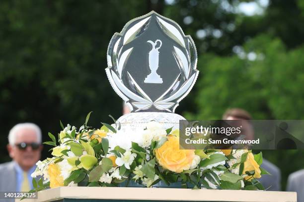 General view of the Jack Nicklaus Memorial Tournament Trophy after the final round of the Memorial Tournament presented by Workday at Muirfield...