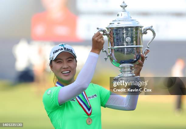 Minjee Lee of Australia poses with the trophy after winning the 77th U.S. Women's Open at Pine Needles Lodge and Golf Club on June 05, 2022 in...