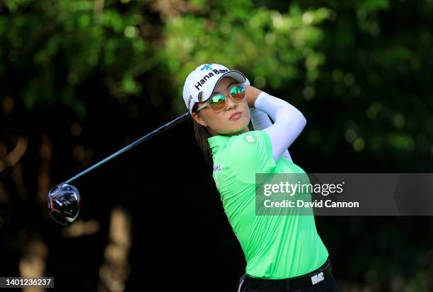 Minjee Lee of Australia plays her tee shot on the 18th hole during the final round of the 2022 U.S. Women's Open at Pine Needles Lodge and Golf Club...