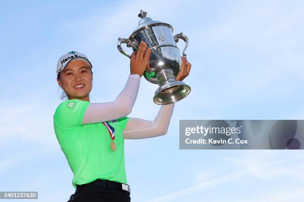 Minjee Lee of Australia poses with the trophy after winning the 77th U.S. Women's Open at Pine Needles Lodge and Golf Club on June 05, 2022 in...