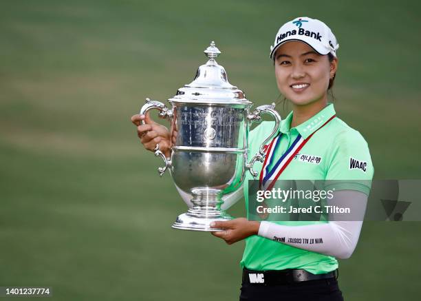 Minjee Lee of Australia poses with the trophy after winning the 77th U.S. Women's Open at Pine Needles Lodge and Golf Club on June 05, 2022 in...