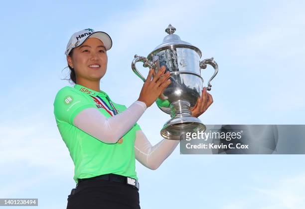 Minjee Lee of Australia poses with the trophy after winning the 77th U.S. Women's Open at Pine Needles Lodge and Golf Club on June 05, 2022 in...