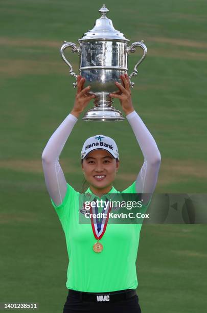 Minjee Lee of Australia poses with the trophy after winning the 77th U.S. Women's Open at Pine Needles Lodge and Golf Club on June 05, 2022 in...