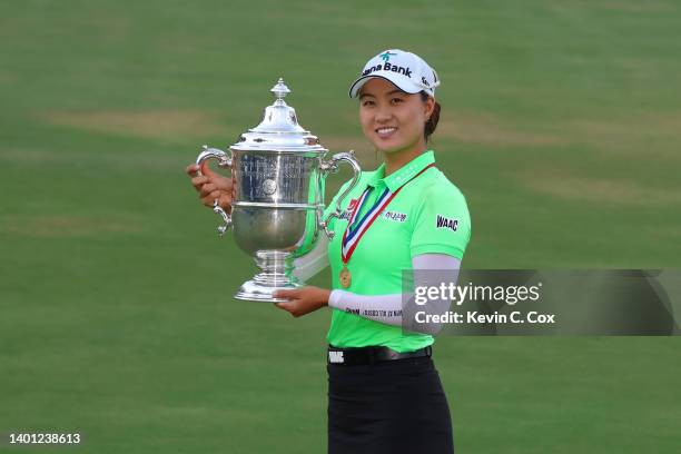 Minjee Lee of Australia poses with the trophy after winning the 77th U.S. Women's Open at Pine Needles Lodge and Golf Club on June 05, 2022 in...