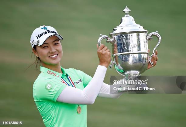 Minjee Lee of Australia poses with the trophy after winning the 77th U.S. Women's Open at Pine Needles Lodge and Golf Club on June 05, 2022 in...