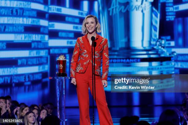 Sophia Di Martino accepts the Breakthrough Performance award for ‘Loki’ onstage during the 2022 MTV Movie & TV Awards at Barker Hangar on June 05,...
