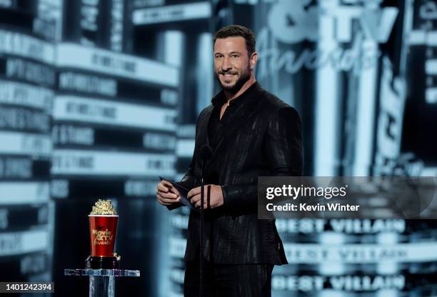 Pablo Schreiber speaks onstage during the 2022 MTV Movie & TV Awards at Barker Hangar on June 05, 2022 in Santa Monica, California.