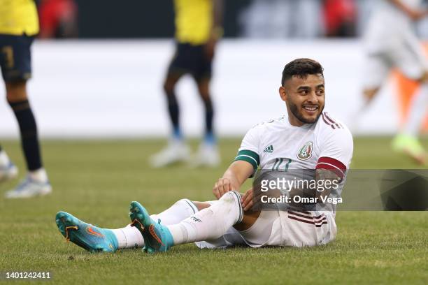 Alexis Vega of Mexico reacts after missing a chance to score during the friendly match between Mexico and Ecuador at Soldier Field on June 5, 2022 in...