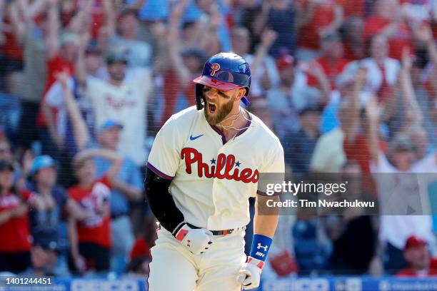 Bryce Harper of the Philadelphia Phillies celebrates after hitting a grand slam during the eighth inning against the Los Angeles Angels at Citizens...