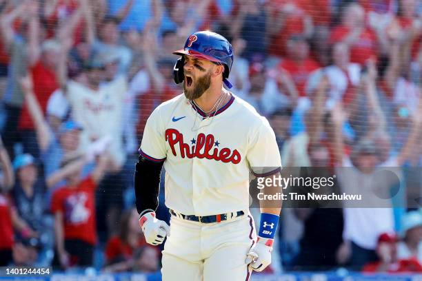 Bryce Harper of the Philadelphia Phillies celebrates after hitting a grand slam during the eighth inning against the Los Angeles Angels at Citizens...