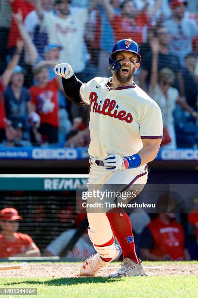 Bryce Harper of the Philadelphia Phillies celebrates after hitting a grand slam during the eighth inning against the Los Angeles Angels at Citizens...