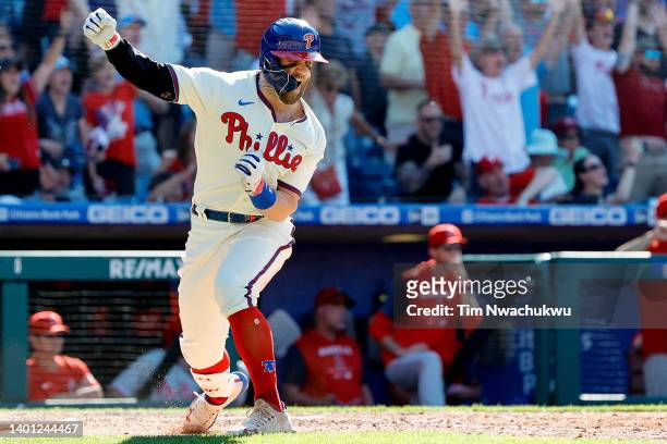 Bryce Harper of the Philadelphia Phillies celebrates after hitting a grand slam during the eighth inning against the Los Angeles Angels at Citizens...