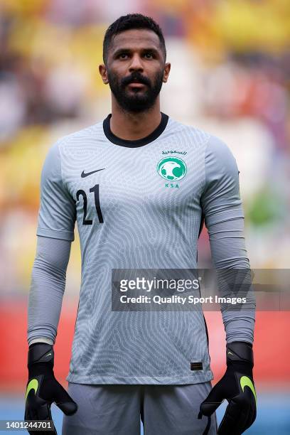 Mohammed Alowais of Saudi Arabia looks on during the national anthem prior to the international friendly match between Saudi Arabia and Colombia at...