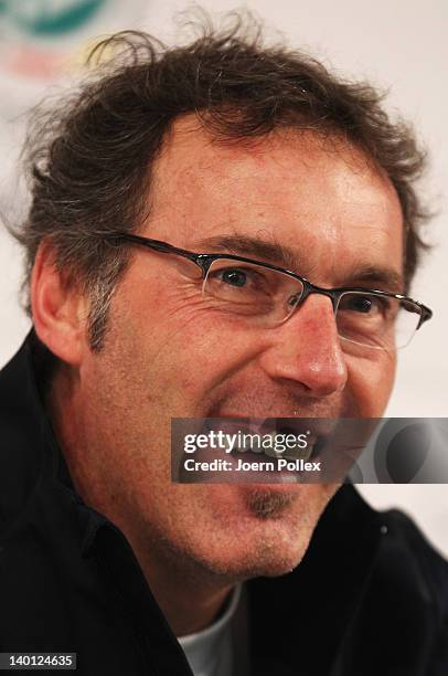 Head coach Laurent Blanc of France attends the press conference of France at Weser stadium on February 28, 2012 in Bremen, Germany.