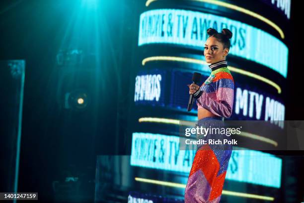 Host Vanessa Hudgens speaks onstage during the 2022 MTV Movie & TV Awards at Barker Hangar on June 05, 2022 in Santa Monica, California.