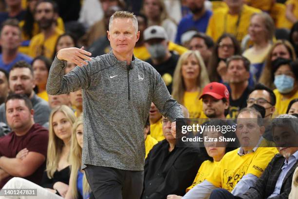 Head Coach Steve Kerr of the Golden State Warriors looks on during the second quarter against the Boston Celtics in Game Two of the 2022 NBA Finals...