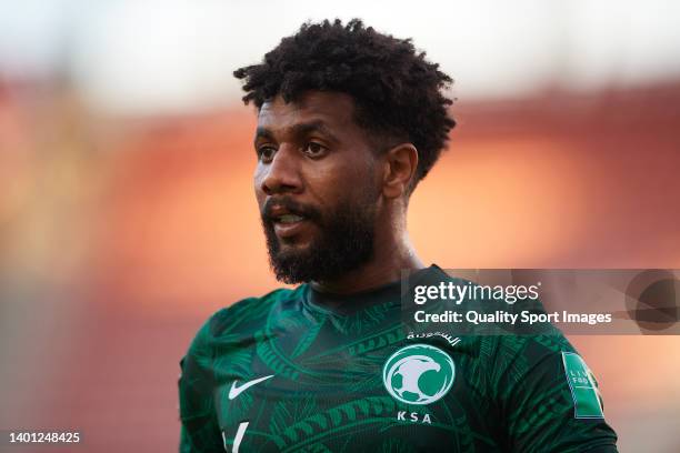 Sami Alnaji of Saudi Arabia looks on during the international friendly match between Saudi Arabia and Colombia at Estadio Enrique Roca on June 05,...