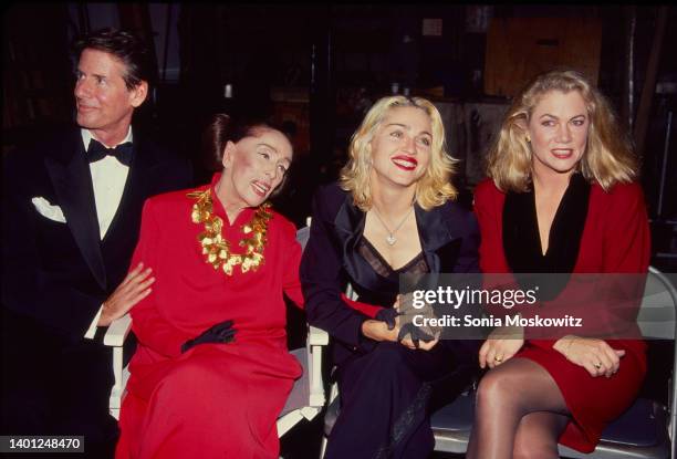 View of, from left, American fashion designer Calvin Klein, dancer & choreographer Martha Graham , singer & actress Madonna, and actress Kathleen...