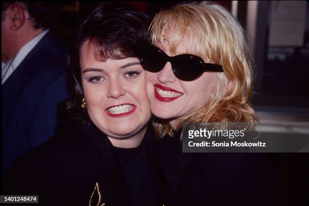 American comedian & actress Rosie O'Donnell and singer & actress Madonna attend the premiere of their film 'A League of Their Own' at the Ziegfeld...