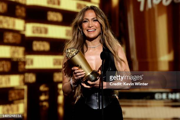 Honoree Jennifer Lopez accepts the MTV Generation Award onstage during the 2022 MTV Movie & TV Awards at Barker Hangar on June 05, 2022 in Santa...