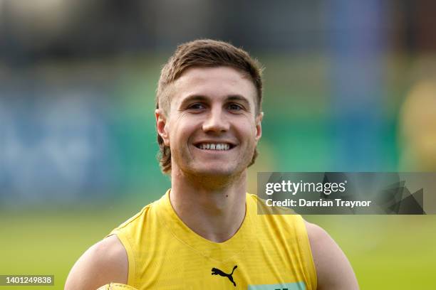 Liam Baker of the Tigers runs laps during a Richmond Tigers AFL training session at Punt Road Oval on June 06, 2022 in Melbourne, Australia.