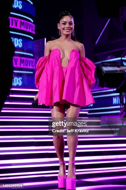 Host Vanessa Hudgens speaks onstage during the 2022 MTV Movie & TV Awards at Barker Hangar on June 05, 2022 in Santa Monica, California.