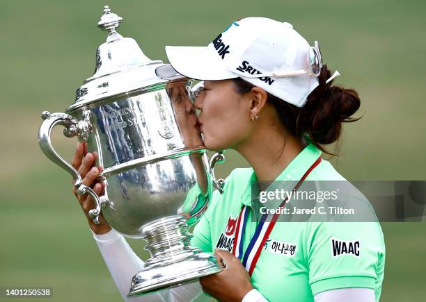 Minjee Lee of Australia poses with the trophy after winning the 77th U.S. Women's Open at Pine Needles Lodge and Golf Club on June 05, 2022 in...