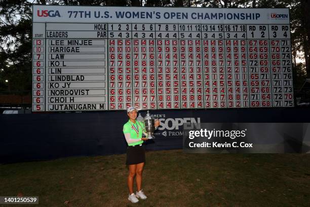 Minjee Lee of Australia poses with the trophy after winning the 77th U.S. Women's Open at Pine Needles Lodge and Golf Club on June 05, 2022 in...